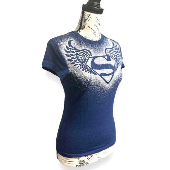 Supergirl S Navy Graphic Tee 100% Cotton Burnout Glitter Y2K DC Comics Hero - Picture 3 of 9